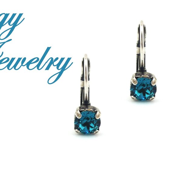 Indicolite Solitaire Drop Earrings Made with Genuine Austrian 6mm Crystals - Picture 3 of 7